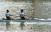 25 September 2022; Konan Pazzaia, left, and Philip Doyle of Ireland on their way to winning the Men's Double Sculls Final C, in a time of 06:18.32, during day 8 of the World Rowing Championships 2022 at Racice in Czech Republic. Photo by Piaras Ó Mídheach/Sportsfile