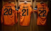 24 September 2022; The jersey of Republic of Ireland players, from left, Chiedozie Ogbene, Robbie Brady and Callum O’Dowda hang in the dressing room before the UEFA Nations League B Group 1 match between Scotland and Republic of Ireland at Hampden Park in Glasgow, Scotland. Photo by Stephen McCarthy/Sportsfile