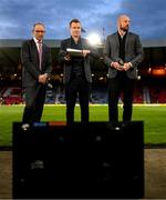 24 September 2022; Members of the Premier Sports panel, from left, Martin O'Neill, Darrell Currie and Alan Hutton before UEFA Nations League B Group 1 match between Scotland and Republic of Ireland at Hampden Park in Glasgow, Scotland. Photo by Stephen McCarthy/Sportsfile