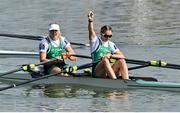25 September 2022; Sanita Puspure, left, and Zoe Hyde of Ireland after finishing third in the Women's Double Sculls Final A, in a time of 06:52.81, during day 8 of the World Rowing Championships 2022 at Racice in Czech Republic. Photo by Piaras Ó Mídheach/Sportsfile