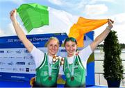 25 September 2022; Sanita Puspure, left, and Zoe Hyde of Ireland celebrate with their bronze medals after finishing third in the Women's Double Sculls Final A, in a time of 06:52.81, during day 8 of the World Rowing Championships 2022 at Racice in Czech Republic. Photo by Piaras Ó Mídheach/Sportsfile