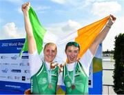 25 September 2022; Sanita Puspure, left, and Zoe Hyde of Ireland celebrate with their bronze medals after finishing third in the Women's Double Sculls Final A, in a time of 06:52.81, during day 8 of the World Rowing Championships 2022 at Racice in Czech Republic. Photo by Piaras Ó Mídheach/Sportsfile