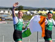 25 September 2022; Sanita Puspure, left, and Zoe Hyde of Ireland celebrate after finishing third in the Women's Double Sculls Final A, in a time of 06:52.81, during day 8 of the World Rowing Championships 2022 at Racice in Czech Republic. Photo by Piaras Ó Mídheach/Sportsfile