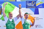 25 September 2022; Sanita Puspure, left, and Zoe Hyde of Ireland celebrate after finishing third in the Women's Double Sculls Final A, in a time of 06:52.81, during day 8 of the World Rowing Championships 2022 at Racice in Czech Republic. Photo by Piaras Ó Mídheach/Sportsfile