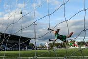 24 September 2022; Wexford Youths goalkeeper Maeve Williams watches as a shot from Maddie Gibson of Athlone Town hits the back of the net during a 2022 EVOKE.ie FAI Women's Cup Semi-Finals match between Athlone Town and Wexford Youths at Athlone Town Stadium in Westmeath. Photo by Michael P Ryan/Sportsfile