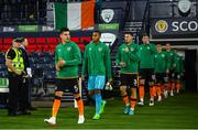 24 September 2022; Republic of Ireland captain John Egan leads his side out before UEFA Nations League B Group 1 match between Scotland and Republic of Ireland at Hampden Park in Glasgow, Scotland. Photo by Stephen McCarthy/Sportsfile