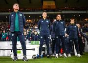 24 September 2022; Republic of Ireland manager Stephen Kenny with, from left, head of athletic performance Damien Doyle, coach Keith Andrews and coach Stephen Rice during UEFA Nations League B Group 1 match between Scotland and Republic of Ireland at Hampden Park in Glasgow, Scotland. Photo by Stephen McCarthy/Sportsfile