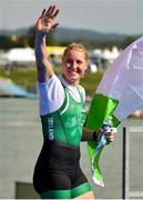 25 September 2022; Sanita Puspure of Ireland celebrates after finishing third in the Women's Double Sculls Final A with teammate Zoe Hyde, not pictured, in a time of 06:52.81, during day 8 of the World Rowing Championships 2022 at Racice in Czech Republic. Photo by Piaras Ó Mídheach/Sportsfile