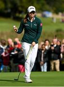 25 September 2022; Leona Maguire of Ireland acknowledges the gallery after a birdie putt on the seventh green during round four of the KPMG Women's Irish Open Golf Championship at Dromoland Castle in Clare. Photo by Brendan Moran/Sportsfile