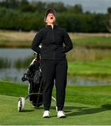 25 September 2022; Lina Boqvist of Sweden reacts after the gallery informed her that her ball had gone into the hole for an albatross on the 18th green during round four of the KPMG Women's Irish Open Golf Championship at Dromoland Castle in Clare. Photo by Brendan Moran/Sportsfile