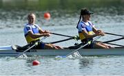 25 September 2022; Anastasiia Kozhenkova, left, and Diana Serebrianska of Ukraine on their way to winning the Women's Double Sculls Final B, in a time of 06:57.46, during day 8 of the World Rowing Championships 2022 at Racice in Czech Republic. Photo by Piaras Ó Mídheach/Sportsfile