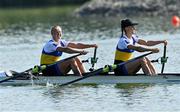 25 September 2022; Anastasiia Kozhenkova, left, and Diana Serebrianska of Ukraine on their way to winning the Women's Double Sculls Final B, in a time of 06:57.46, during day 8 of the World Rowing Championships 2022 at Racice in Czech Republic. Photo by Piaras Ó Mídheach/Sportsfile