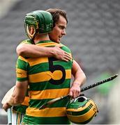 25 September 2022; Blackrock players David O'Farrell, right, and Cathal Cormack celebrate after their side's victory in the Cork County Premier Senior Club Hurling Championship Semi-Final match between Erin's Own and Blackrock at Páirc Ui Chaoimh in Cork. Photo by Sam Barnes/Sportsfile