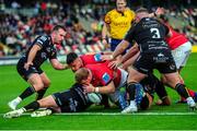 25 September 2022; Stephen Archer of Munster dives to score his side's first try during the United Rugby Championship match between Dragons and Munster at Rodney Parade in Newport, Wales. Photo by Mark Lewis/Sportsfile