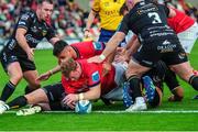 25 September 2022; Stephen Archer of Munster scores his side's first try during the United Rugby Championship match between Dragons and Munster at Rodney Parade in Newport, Wales. Photo by Mark Lewis/Sportsfile