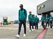 25 September 2022; Mipo Odubeko of Republic of Ireland at Dublin Airport ahead of the team's chartered flight to Tel Aviv for their UEFA European U21 Championship Play-Off Second Leg match against Israel in Tel Aviv on Tuesday next. Photo by Seb Daly/Sportsfile