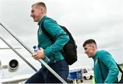 25 September 2022; Republic of Ireland players Ross Tierney and Joe Redmond, right, at Dublin Airport ahead of the team's chartered flight to Tel Aviv for their UEFA European U21 Championship Play-Off Second Leg match against Israel in Tel Aviv on Tuesday next. Photo by Seb Daly/Sportsfile