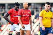 25 September 2022; A dejected Edwin Edogbo, left, and Simon Zebo of Munster after the United Rugby Championship match between Dragons and Munster at Rodney Parade in Newport, Wales. Photo by Ben Evans/Sportsfile