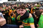 25 September 2022; Aaron Kellaghan of Rhode celebrates with supporters after the Offaly County Senior Football Championship Final match between Tullamore and Rhode at O'Connor Park in Tullamore, Offaly. Photo by Ben McShane/Sportsfile