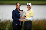 25 September 2022; Klara Spilkova of Czech Republic is presented with the trophy by Minister for Media, Tourism, Arts, Culture, Sport and the Gaeltacht, Catherine Martin T.D., after round four of the KPMG Women's Irish Open Golf Championship at Dromoland Castle in Clare. Photo by Brendan Moran/Sportsfile