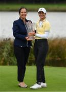 25 September 2022; Klara Spilkova of Czech Republic is presented with the trophy by Minister for Media, Tourism, Arts, Culture, Sport and the Gaeltacht, Catherine Martin T.D., after round four of the KPMG Women's Irish Open Golf Championship at Dromoland Castle in Clare. Photo by Brendan Moran/Sportsfile