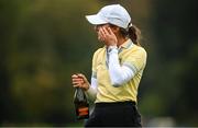 25 September 2022; Klara Spilkova of Czech Republic wipes away a tear after victory in the first play-off hole during round four of the KPMG Women's Irish Open Golf Championship at Dromoland Castle in Clare. Photo by Brendan Moran/Sportsfile