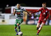 22 September 2022; Graham Burke of Shamrock Rovers in action against Shane Farrell of Shelbourne during the SSE Airtricity League Premier Division match between Shelbourne and Shamrock Rovers at Tolka Park in Dublin. Photo by Sam Barnes/Sportsfile