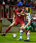 22 September 2022; Sean Boyd of Shelbourne in action against Neil Farrugia of Shamrock Rovers during the SSE Airtricity League Premier Division match between Shelbourne and Shamrock Rovers at Tolka Park in Dublin. Photo by Sam Barnes/Sportsfile