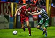 22 September 2022; Sean Boyd of Shelbourne in action against Neil Farrugia of Shamrock Rovers during the SSE Airtricity League Premier Division match between Shelbourne and Shamrock Rovers at Tolka Park in Dublin. Photo by Sam Barnes/Sportsfile