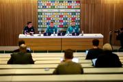 26 September 2022; Republic of Ireland manager Stephen Kenny and Nathan Collins during a Republic of Ireland press conference at Aviva Stadium in Dublin. Photo by Stephen McCarthy/Sportsfile