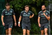 26 September 2022; Leinster players, from left, Ross Byrne, Jordan Larmour and Jamison Gibson-Park during a Leinster Rugby squad training session at UCD in Dublin. Photo by Harry Murphy/Sportsfile