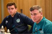 26 September 2022; Manager Stephen Kenny and Kieran Crowley, FAI communications manager, left, during a Republic of Ireland press conference at Aviva Stadium in Dublin. Photo by Stephen McCarthy/Sportsfile