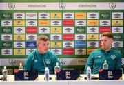 26 September 2022; Manager Stephen Kenny and Nathan Collins during a Republic of Ireland press conference at Aviva Stadium in Dublin. Photo by Stephen McCarthy/Sportsfile