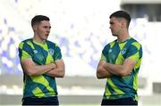 26 September 2022; Conor Coventry, left, and goalkeeper Brian Maher during a Republic of Ireland U21 training session at Bloomfield Stadium in Tel Aviv, Israel. Photo by Seb Daly/Sportsfile