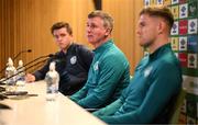 26 September 2022; Manager Stephen Kenny with Nathan Collins, right, and Kieran Crowley, FAI communications manager, left, during a Republic of Ireland press conference at Aviva Stadium in Dublin. Photo by Stephen McCarthy/Sportsfile