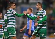 26 September 2022; Neil Farrugia of Shamrock Rovers, right, celebrates with Sean Gannon after scoring their side's first goal during the SSE Airtricity League Premier Division match between Shamrock Rovers and UCD at Tallaght Stadium in Dublin. Photo by Ben McShane/Sportsfile