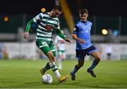 26 September 2022; Neil Farrugia of Shamrock Rovers in action against Donal Higgins of UCD during the SSE Airtricity League Premier Division match between Shamrock Rovers and UCD at Tallaght Stadium in Dublin. Photo by Ben McShane/Sportsfile