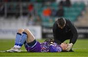 26 September 2022; UCD goalkeeper Lorcan Healy receives medical attention during the SSE Airtricity League Premier Division match between Shamrock Rovers and UCD at Tallaght Stadium in Dublin. Photo by Ben McShane/Sportsfile