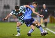 26 September 2022; Aaron Greene of Shamrock Rovers in action against Alex Nolan of UCD during the SSE Airtricity League Premier Division match between Shamrock Rovers and UCD at Tallaght Stadium in Dublin. Photo by Ben McShane/Sportsfile