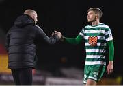 26 September 2022; Sean Gannon of Shamrock Rovers, right, with Shamrock Rovers coach Glenn Cronin after the SSE Airtricity League Premier Division match between Shamrock Rovers and UCD at Tallaght Stadium in Dublin. Photo by Ben McShane/Sportsfile