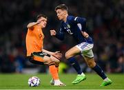 24 September 2022; Aaron Hickey of Scotland in action against Jason Knight of Republic of Ireland during UEFA Nations League B Group 1 match between Scotland and Republic of Ireland at Hampden Park in Glasgow, Scotland. Photo by Stephen McCarthy/Sportsfile