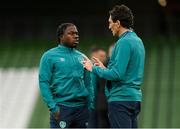 27 September 2022; Michael Obafemi of Republic of Ireland and coach Keith Andrews before the UEFA Nations League B Group 1 match between Republic of Ireland and Armenia at Aviva Stadium in Dublin. Photo by Ramsey Cardy/Sportsfile