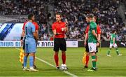 27 September 2022; Referee Nathan Verboomen with team captains Gil Cohen of Israel and Conor Coventry of Republic of Ireland before the UEFA European U21 Championship play-off second leg match between Israel and Republic of Ireland at Bloomfield Stadium in Tel Aviv, Israel. Photo by Seb Daly/Sportsfile