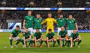 27 September 2022; The Republic of Ireland team, back row, from left, Jake O'Brien, Joe Redmond, Brian Maher, Eiran Cashin and Conor Coventry, with front, from left, Aaron Connolly, Ross Tierney, Lee O'Connor, Joe Hodge, Will Smallbone and Andy Lyons before the UEFA European U21 Championship play-off second leg match between Israel and Republic of Ireland at Bloomfield Stadium in Tel Aviv, Israel. Photo by Seb Daly/Sportsfile