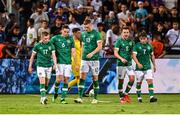 27 September 2022; Republic of Ireland players, from left, Ross Tierney, Conor Coventry, Jake O'Brien, Lee O'Connor and Joe Hodge react during the UEFA European U21 Championship play-off second leg match between Israel and Republic of Ireland at Bloomfield Stadium in Tel Aviv, Israel. Photo by Seb Daly/Sportsfile