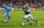 27 September 2022; Andy Lyons of Republic of Ireland in action against Ido Shahar of Israel during the UEFA European U21 Championship play-off second leg match between Israel and Republic of Ireland at Bloomfield Stadium in Tel Aviv, Israel. Photo by Seb Daly/Sportsfile