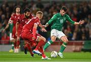 27 September 2022; Troy Parrott of Republic of Ireland in action against Artak Grigoryan of Armenia during the UEFA Nations League B Group 1 match between Republic of Ireland and Armenia at Aviva Stadium in Dublin. Photo by Eóin Noonan/Sportsfile
