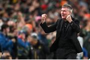 27 September 2022; Republic of Ireland manager Stephen Kenny celebrates his side's first goal, scored by John Egan, not pictured, during the UEFA Nations League B Group 1 match between Republic of Ireland and Armenia at Aviva Stadium in Dublin. Photo by Ramsey Cardy/Sportsfile