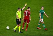 27 September 2022; Jayson Molumby of Republic of Ireland is shown a yellow card by referee Rade Obrenovic during UEFA Nations League B Group 1 match between Republic of Ireland and Armenia at Aviva Stadium in Dublin. Photo by Sam Barnes/Sportsfile