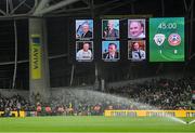 27 September 2022; A tribute to recently passed away members of the FAI's football family at half time of the UEFA Nations League B Group 1 match between Republic of Ireland and Armenia at Aviva Stadium in Dublin. Photo by Ramsey Cardy/Sportsfile